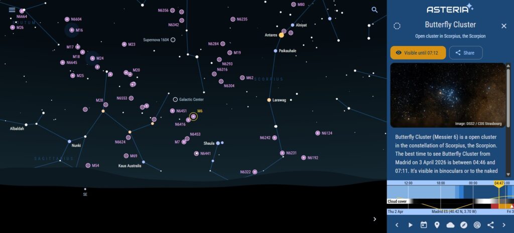 Screenshot of Asteria, the free stargazing assistant and planetarium app
